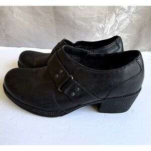Born Women's Black Leather Ankle Heeled Harness Buckle Bootie Sz 6.5 M Side Zip